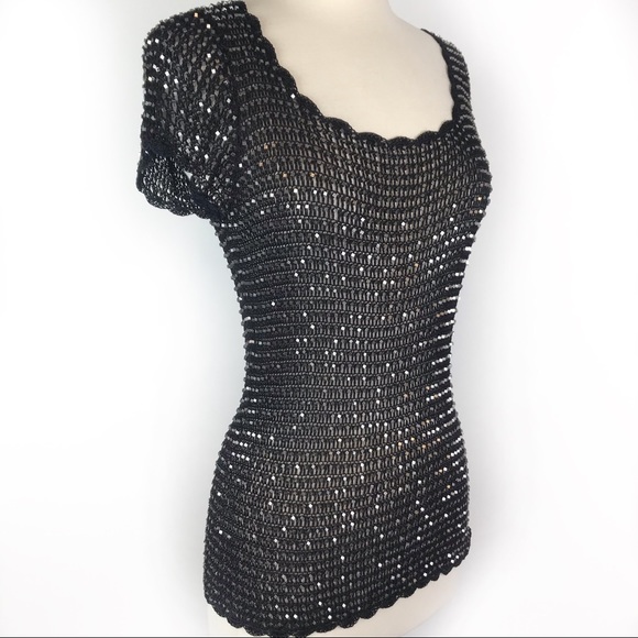 Alberto Makali Sweaters - Alberto Makali Black Crochet-Weave Beaded Sweater